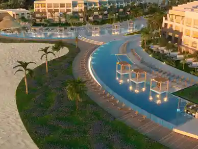 A rendering of the resort pool at night.