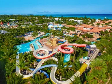 A water park with many slides and pools.